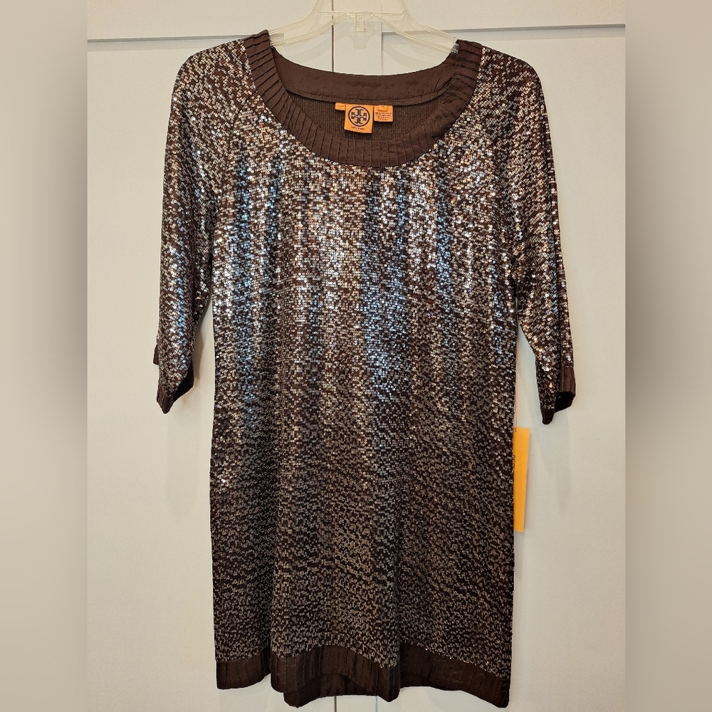 NWT Size 14 Tory Burch Dark Brown Sequin Cocktail Dress